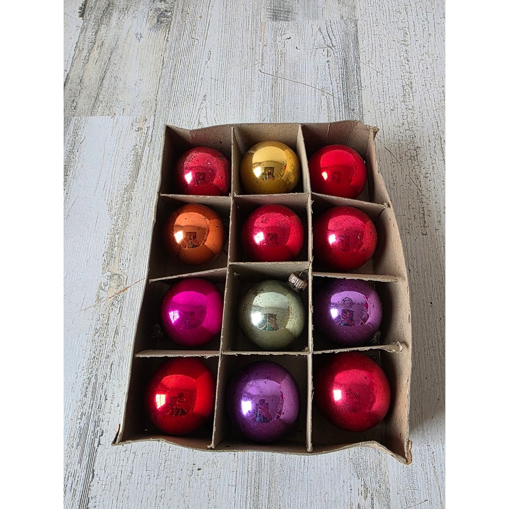 Vintage shiny Brite solid mercury glass ornament set box purple orange pink red